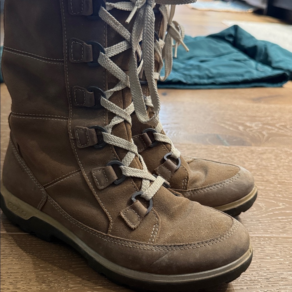 ECCO Tan Leather Lace-Up Winter Boots Fur Lined Waterproof Hiking Size 40 - Picture 4 of 4